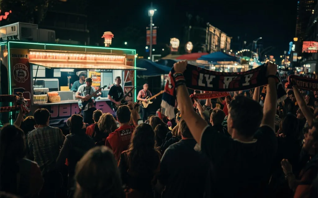 球迷区夜晚的餐车与街头音乐表演氛围