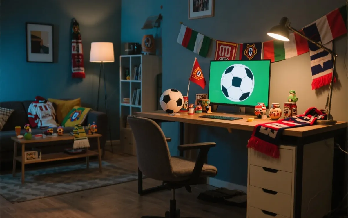 电商工作台上陈列世界杯应援周边：围巾、贴纸、旗帜与球衣，强调情绪与社交场景