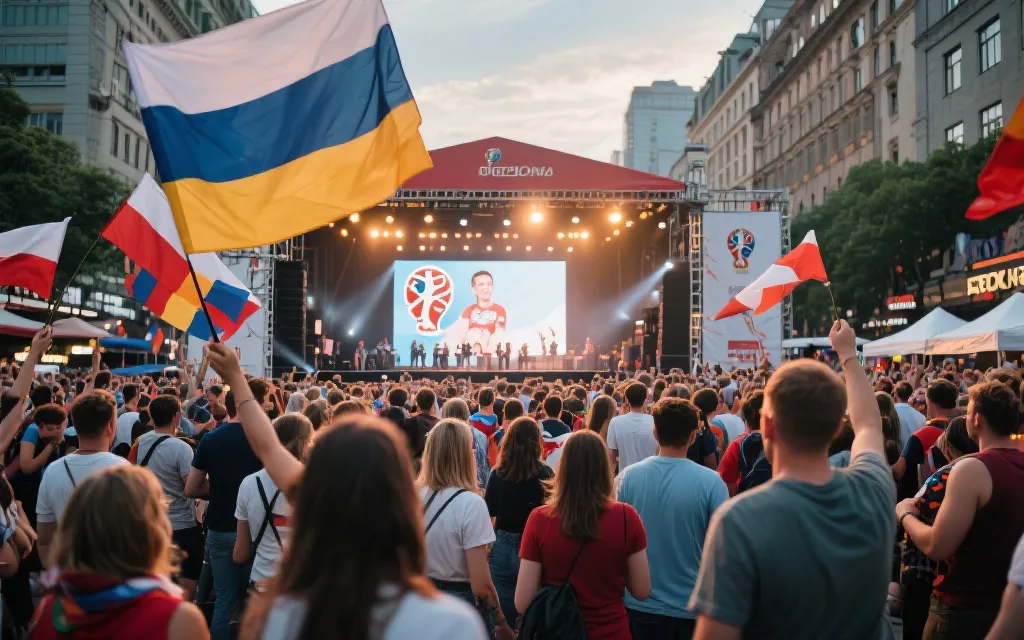 城市球迷活动区，人群挥舞各国旗帜，舞台灯光与大屏幕营造节庆氛围